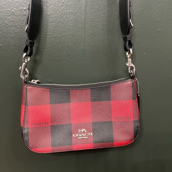 Coach Jess Baguette Buffalo Plaid Red and Black Checkered Crossbody Bag. - Picture 2 of 7